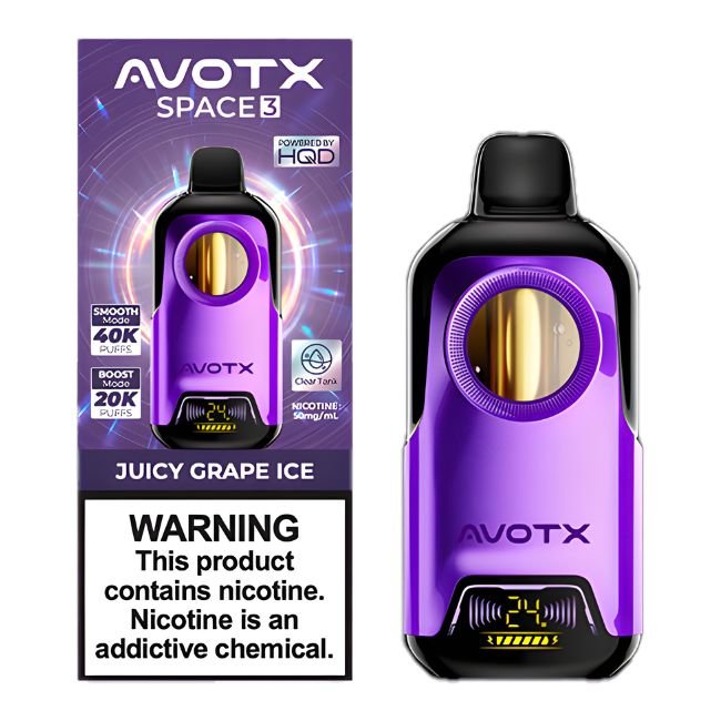 AVOTX SPACE 3 POWERED BY HQD 5% DISPOSABLE (100ML) BOOST MODE - 20K & SMOOTH. MODE - 40K PUFFS 5CT/ BOX - JUICY GRAPE ICE