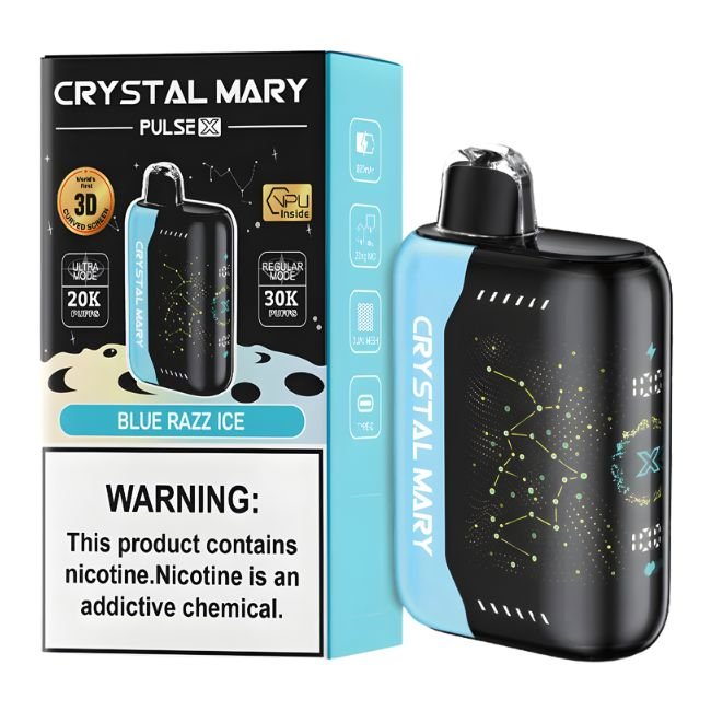 CRYSTAL MARY PULSE X 5% DISPOSABLE (90ML) PULSE MODE - 20K & REG. MODE - 30K PUFFS 5CT/ BOX - BLUE RAZZ ICE