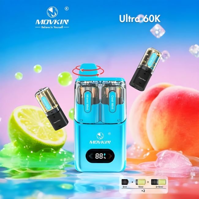 MOVKIN ULTRA DUAL FLAVOR 5% DISPOSABLE KIT + 2POD (100ML) 60K PUFFS 5CT/ BOX - WATERMELON ICE+GEORGIA PEACH