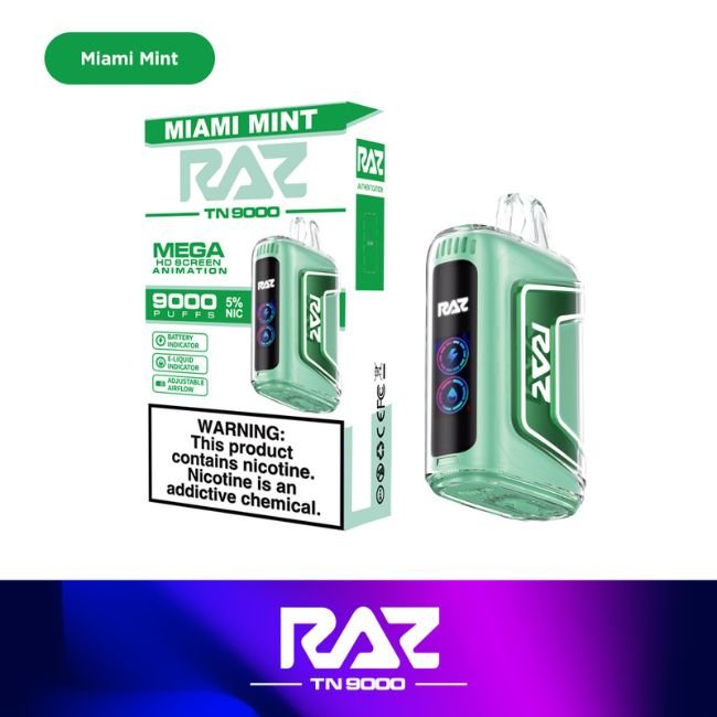 RAZ TN9000 5% DISPOSABLE (60ML) 9K PUFFS 5CT/ BOX - MIAMI MINT