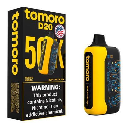TOMORO D20 5% DISPOSABLE MADE IN USA (100ML) BOOST. MODE - 30K & STAND. MODE - 50K PUFFS 5CT/ BOX - MEXICO MANGO